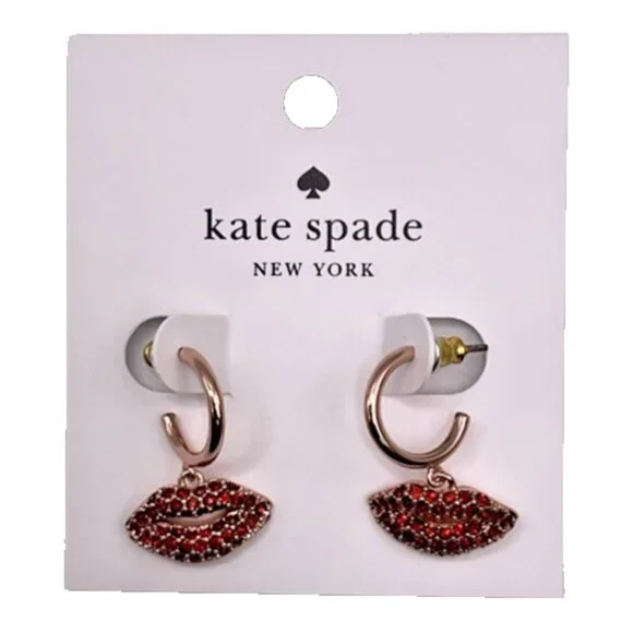 Kate Spade Kiss Kiss Pavé Lips Huggie Earrings in Rose Gold Red Jewelry Gift NEW - Picture 1 of 6